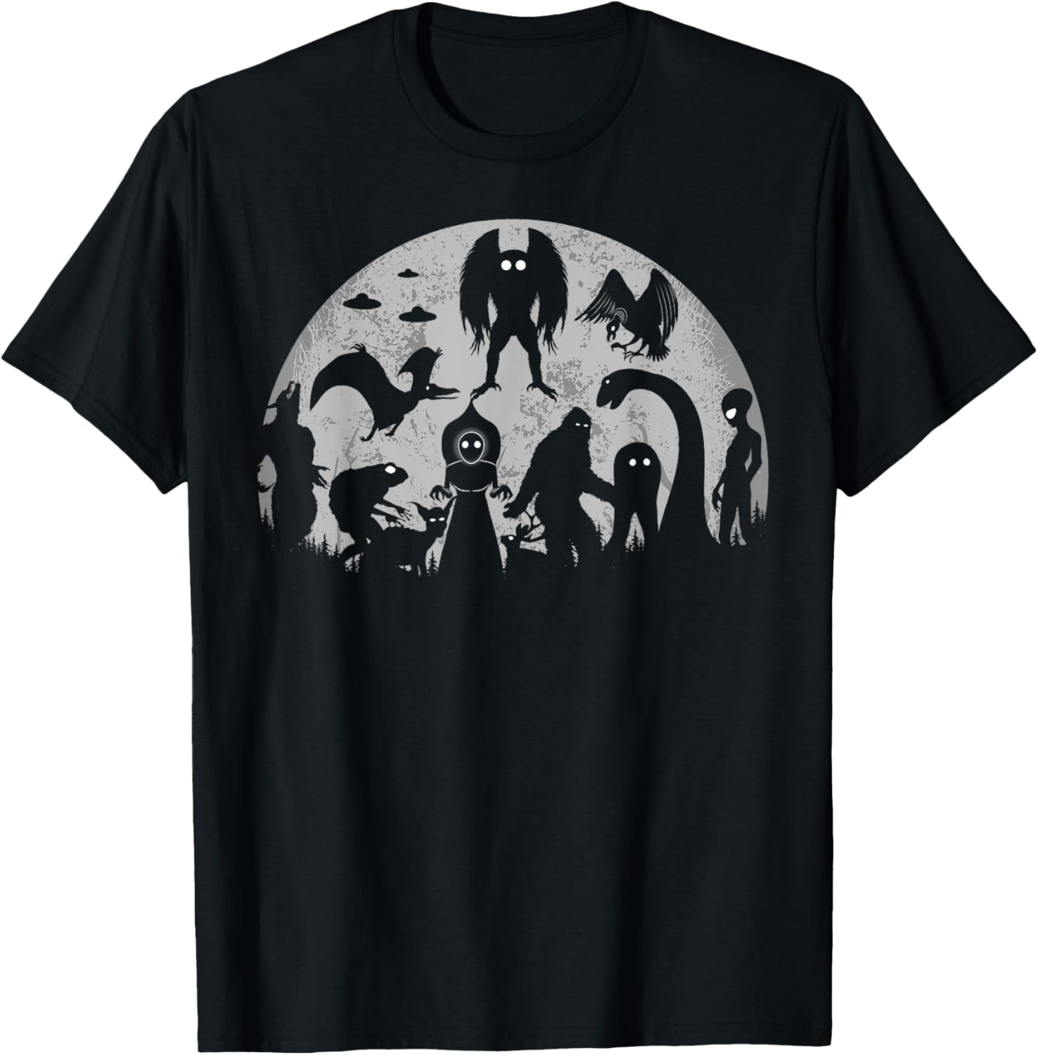 Bigfoot Loch Ness Monster Mothman And Aliens Funny Cryptid T-Shirt - T-Shirt | Black