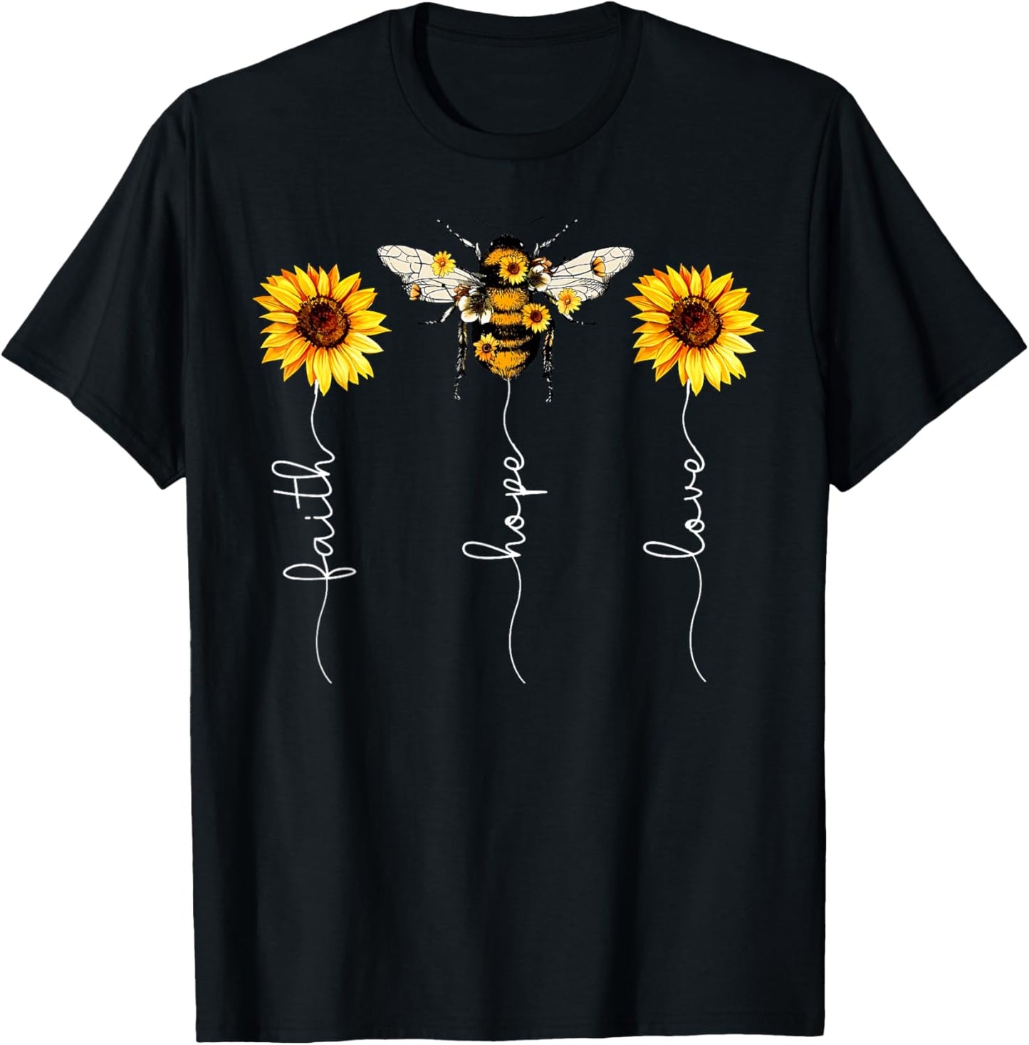 Faith Hope Love Sunflower Bee Jesus Christian Bible Verse T-Shirt - T-Shirt | Black