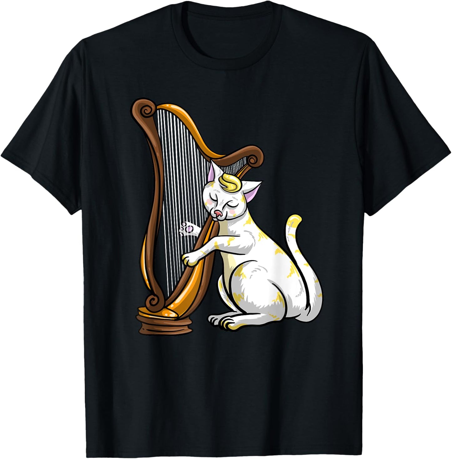 Funny Cat Playing Harp | Cool Love Animal Lyre Musician Gift T-Shirt - T-Shirt | Black