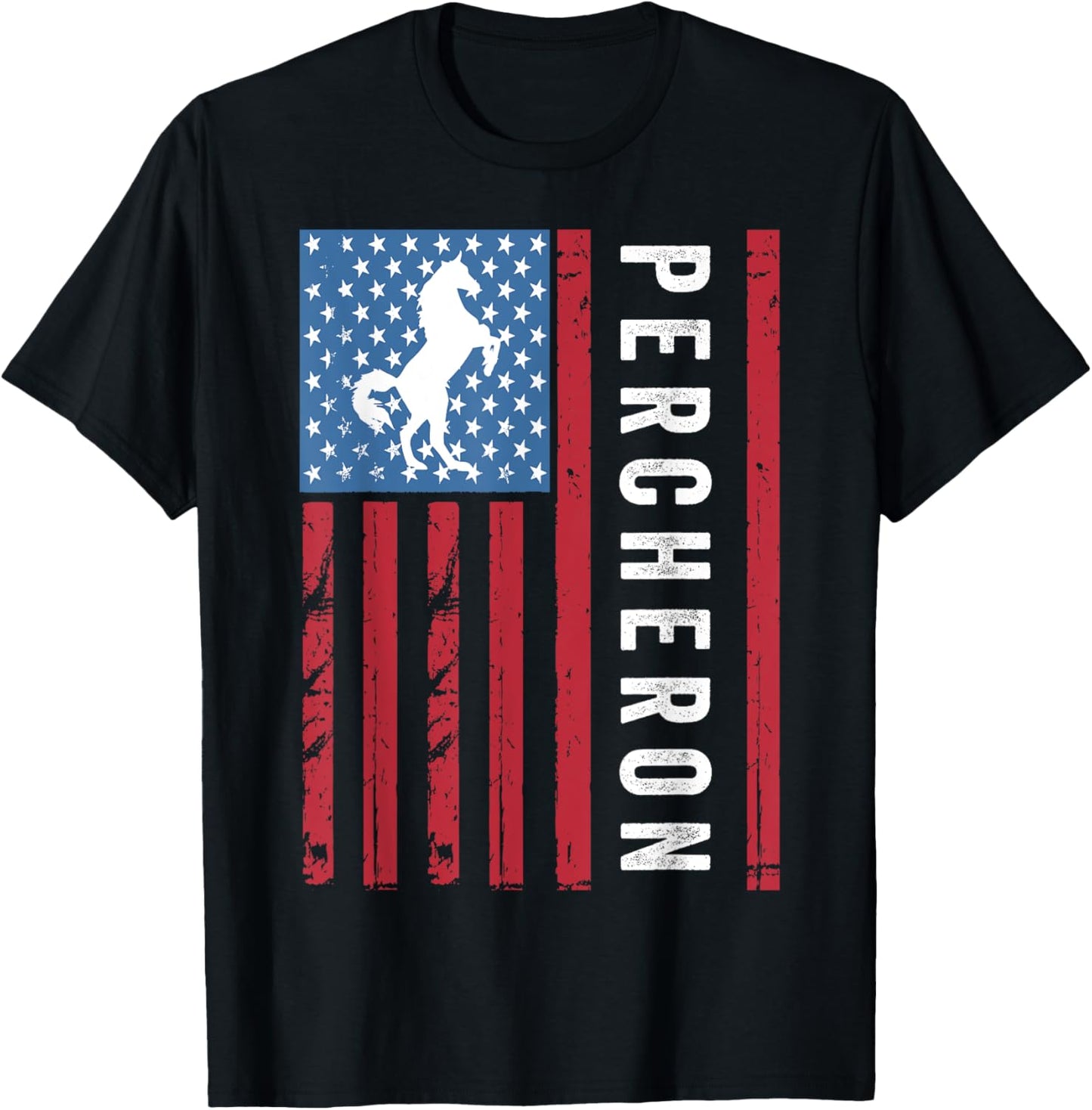 Percheron Horse with American Flag, Percheron Horse Women Kids Men T-Shirt - T-Shirt | Black