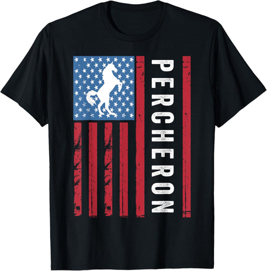 Percheron Horse with American Flag, Percheron Horse Women Kids Men T-Shirt - T-Shirt | Black