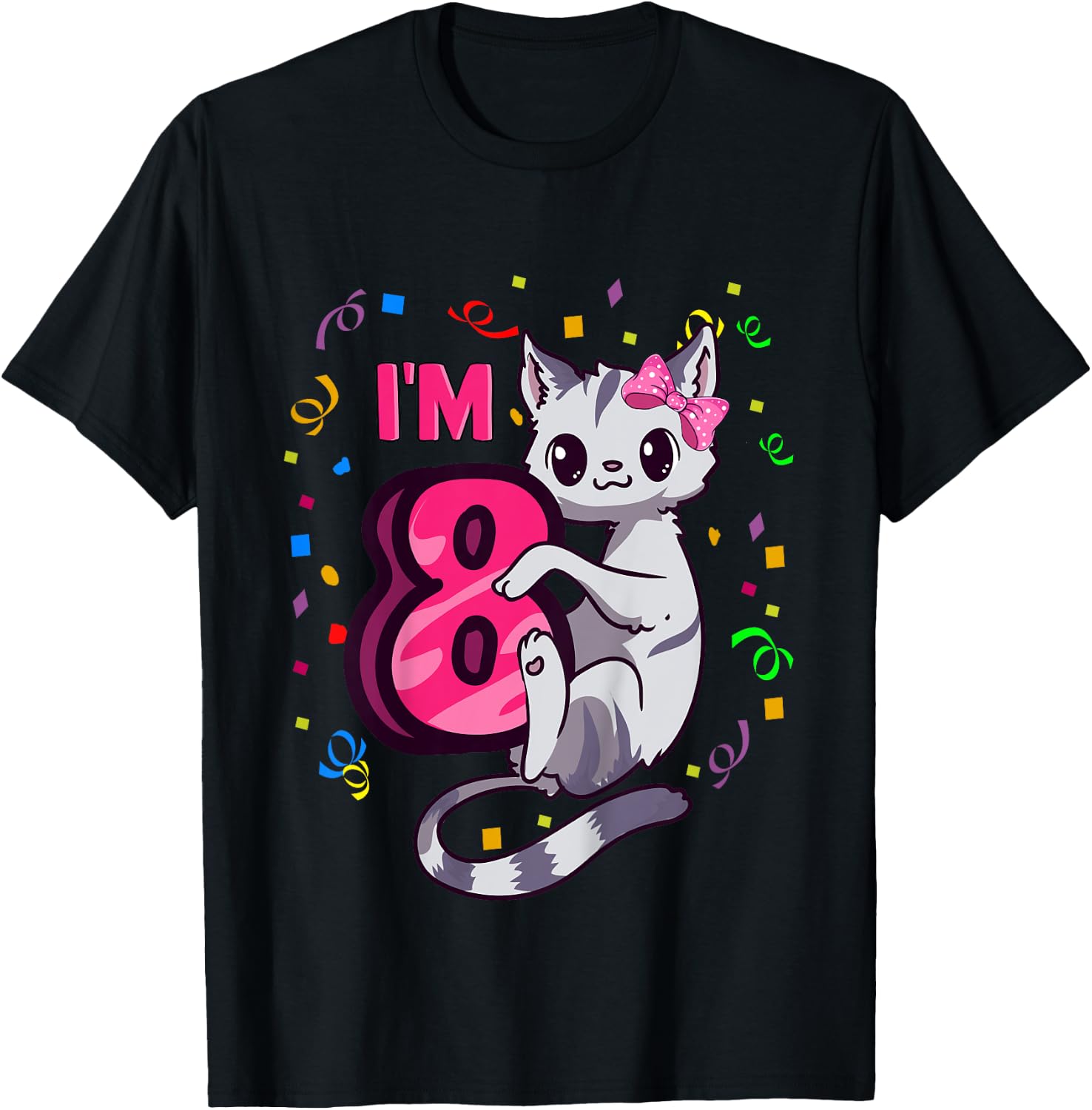 Girls 8th Birthday Outfit I'm 8 Years Old Cat Kitty Kitten T-Shirt - T-Shirt | Black