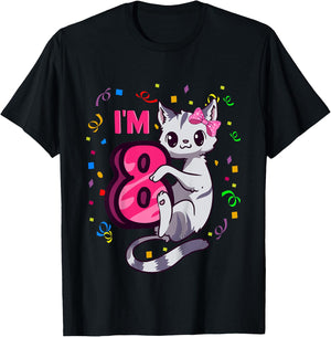Girls 8th Birthday Outfit I'm 8 Years Old Cat Kitty Kitten T-Shirt - T-Shirt | Black