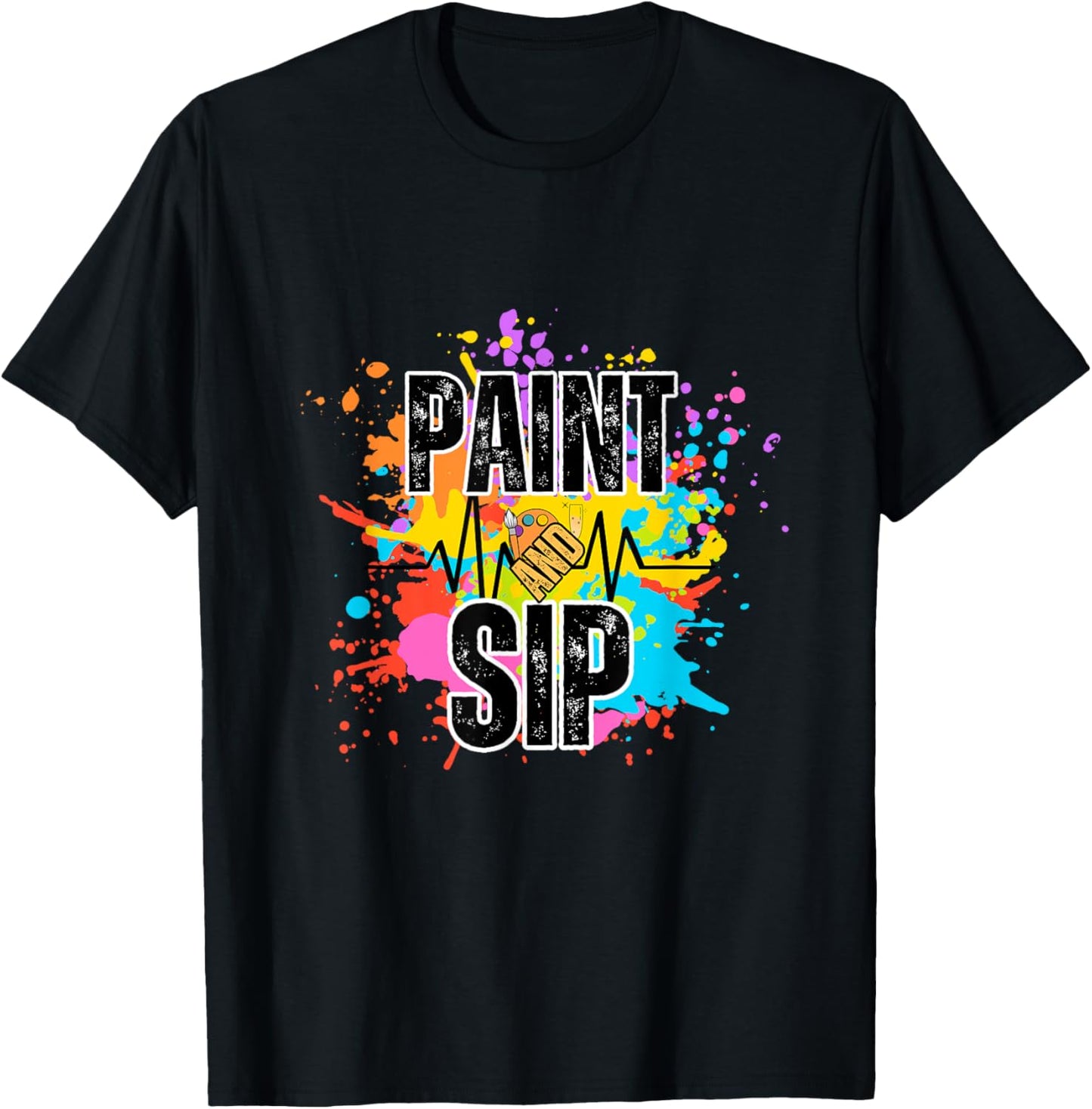Paint and Sip Party Art Funny Wine Drinking Rainbow Paint T-Shirt - T-Shirt | Black