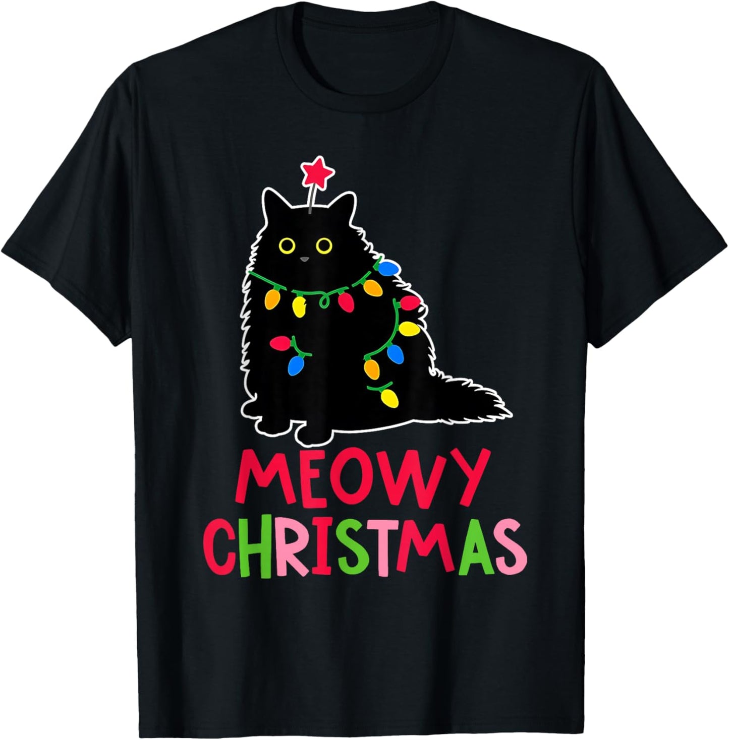 Meowy Christmas Xmas Lights Black Cat Pajamas Family Funny T-Shirt - T-Shirt | Black