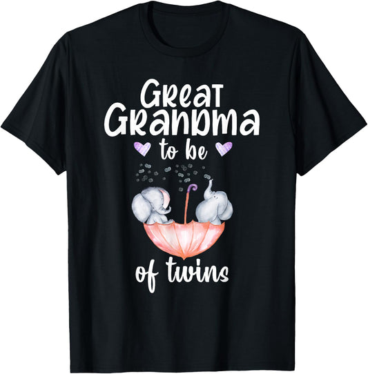 Great Grandma To Be Of Twins Baby Shower Elephant T-Shirt - T-Shirt | Black