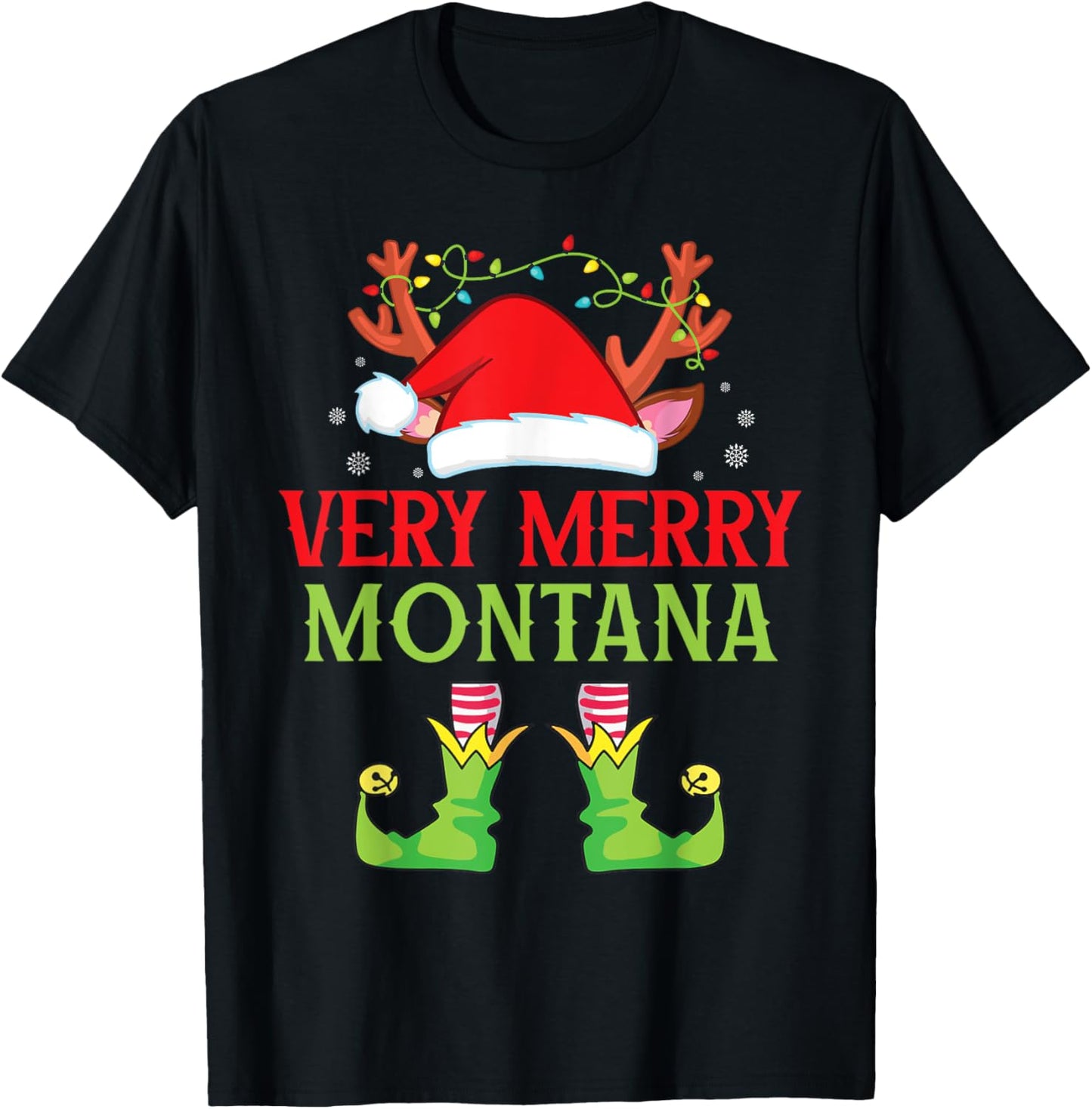 Festive Christmas Elf & Santa Claus Very Merry in MONTANA T-Shirt - T-Shirt | Black