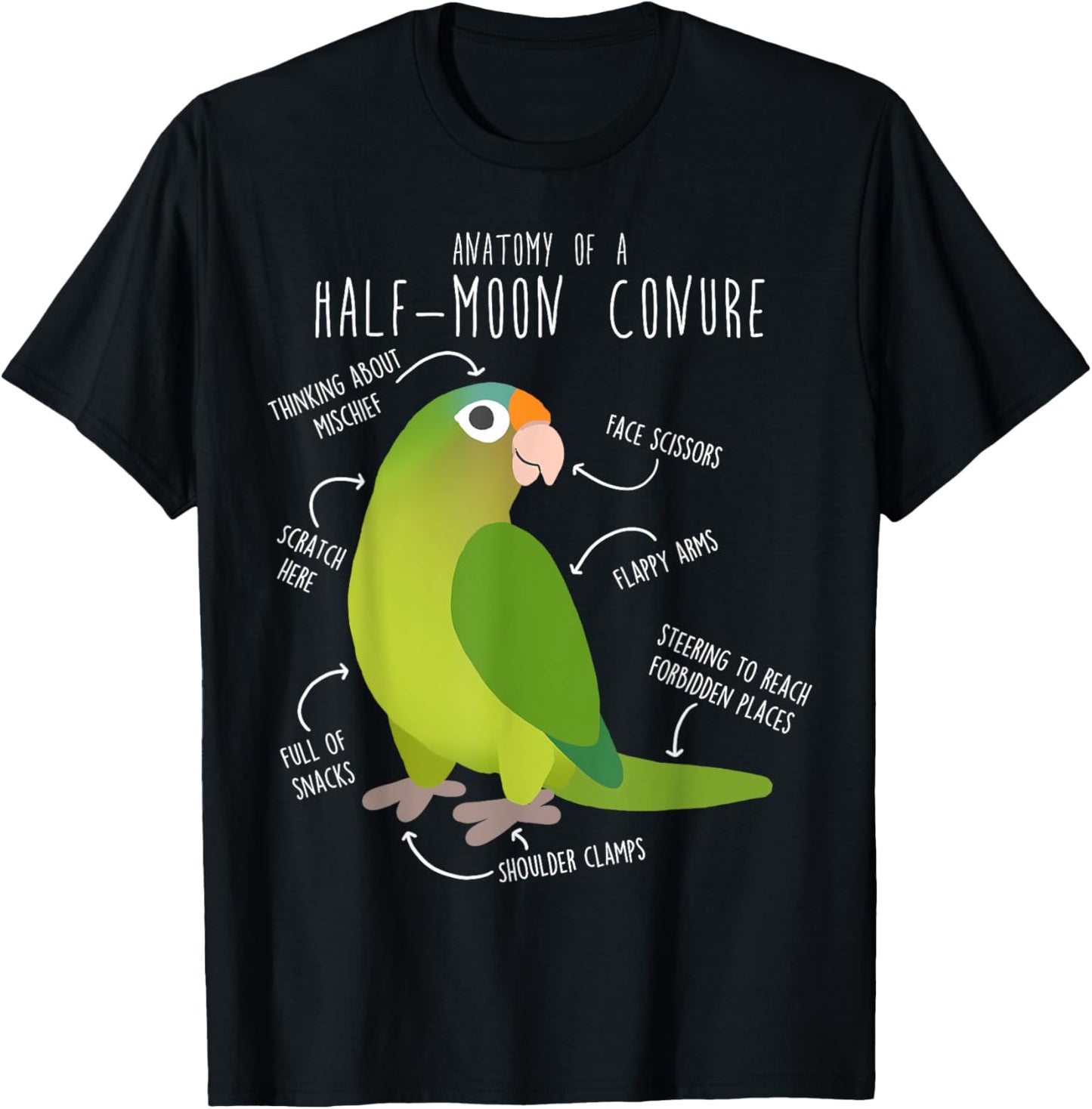 Half-Moon Conure Parrot Anatomy, Funny Cute Pet Bird Mom T-Shirt - T-Shirt | Black