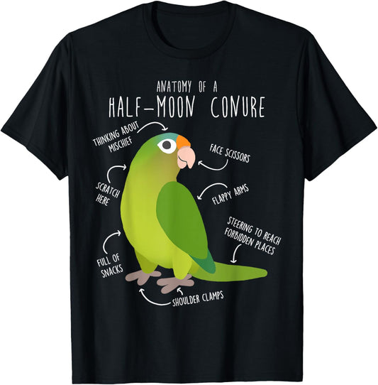 Half-Moon Conure Parrot Anatomy, Funny Cute Pet Bird Mom T-Shirt - T-Shirt | Black
