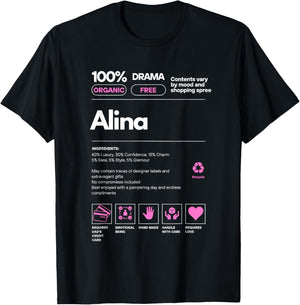 Alina Name gift Alina Sarcastic Nutrition Facts T-Shirt - T-Shirt | Black