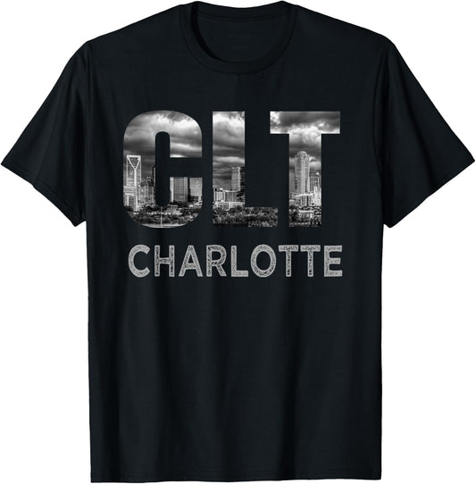 CLT Airport Code City of Charlotte NC Skyline Art Gift T-Shirt - T-Shirt | Black