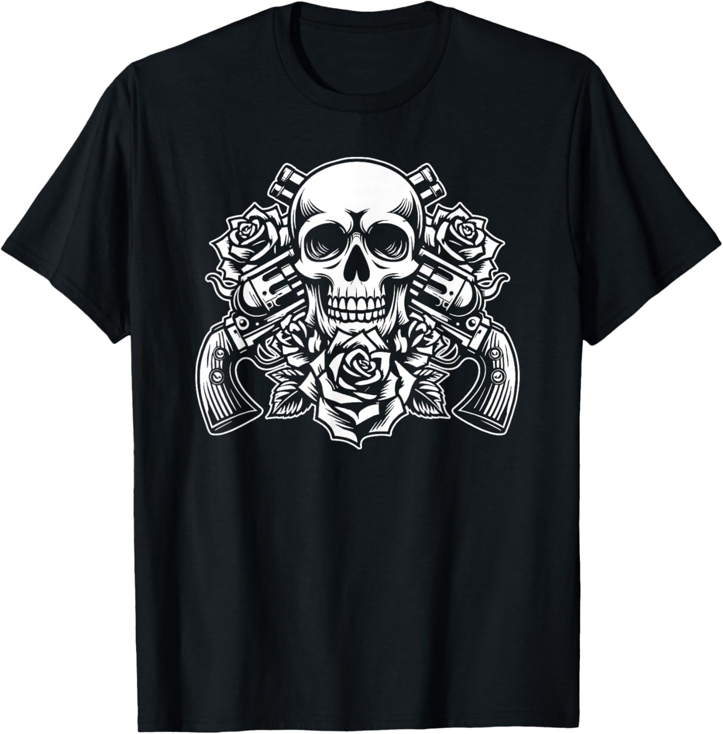 Skeleton Roses Glam Rock 80s - 1980s Guitar Guns Skull Roses T-Shirt - T-Shirt | Black