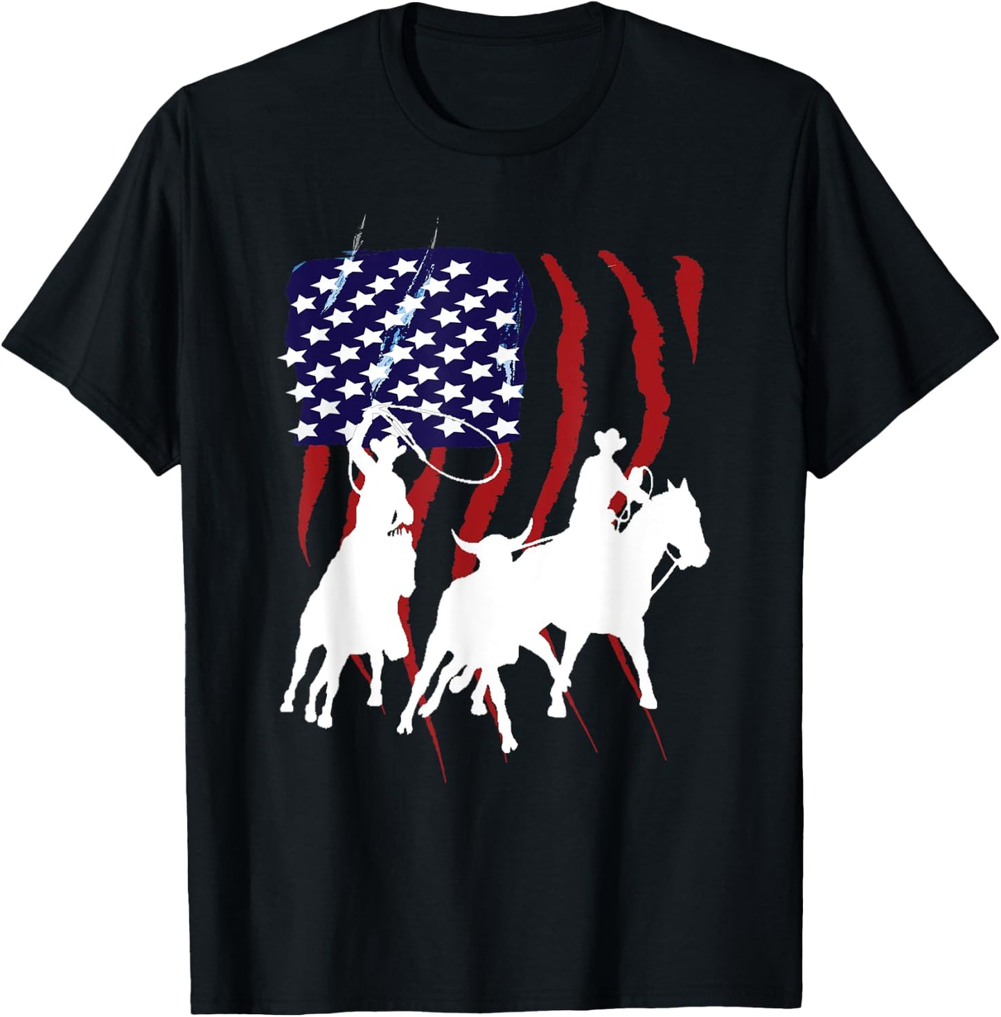 Rodeo Team Roping Distressed Grunge Cowboy American Flag T-Shirt - T-Shirt | Black