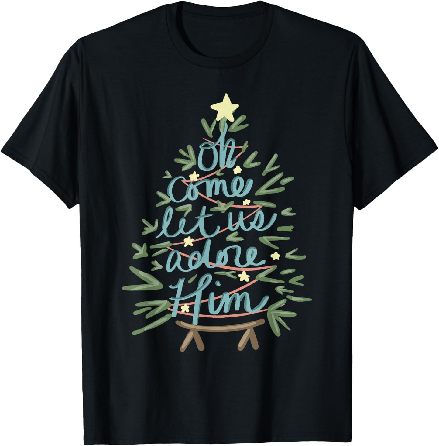 Oh Come Let Us Adore Him Christian Jesus Christmas Pajamas T-Shirt - T-Shirt | Black