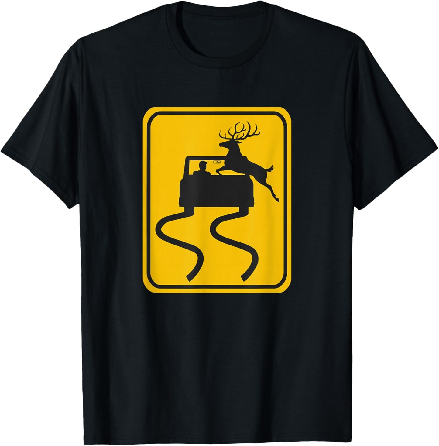 Swerving Car Meets Deer Crossing Road Sign T-Shirt - T-Shirt | Black