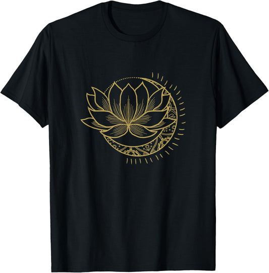 Minimal Crescent Moon Lotus Flower Space Yoga Meditation Art T-Shirt - T-Shirt | Black