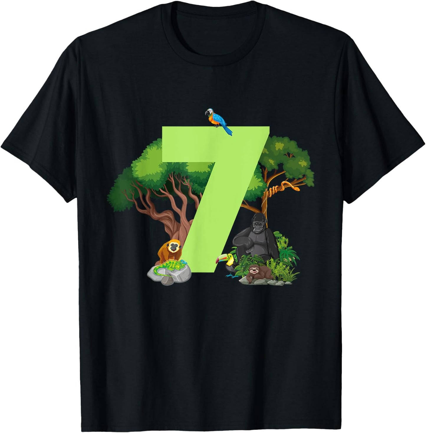 7th Birthday Jungle Animals Safari Rainforest 7 Year Old T-Shirt - T-Shirt | Black