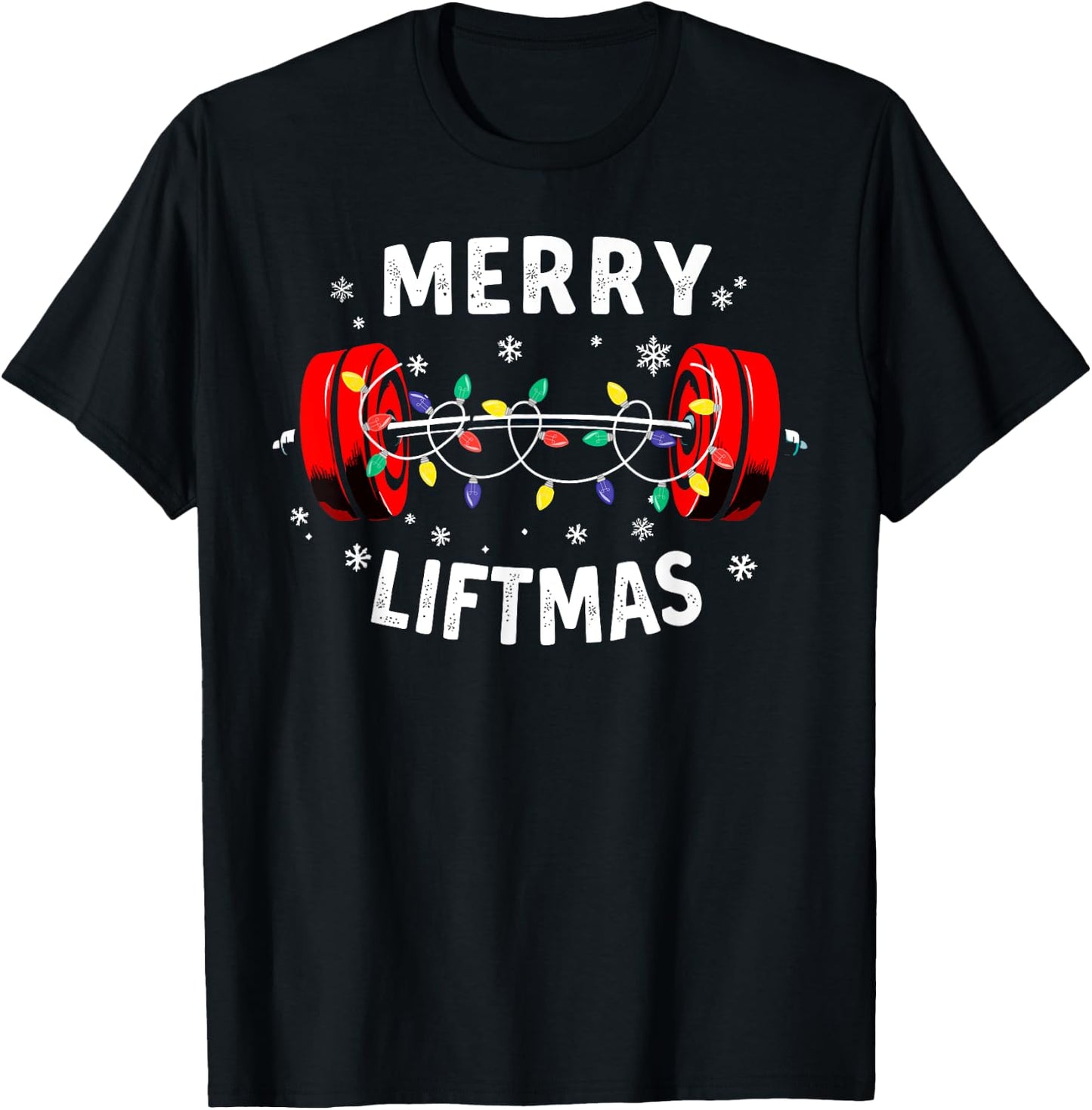 Merry Liftmas Barbell Christmas Tree Lights Weightlifting T-Shirt - T-Shirt | Black