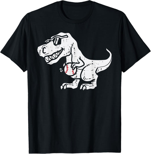 Trex Dinosaur Baseball Cute Sports Catcher Player Kids Boys T-Shirt - T-Shirt | Black