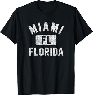 Miami Florida FL Gym Style Distressed White Print T-Shirt - T-Shirt | Black