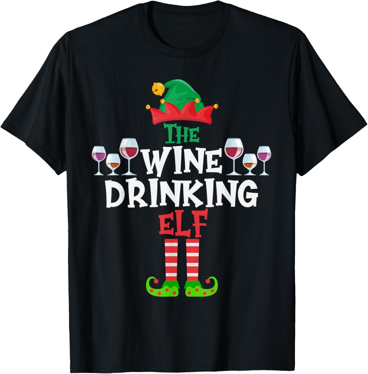 The Wine Drinking Elf, Funny Matching Family Group Christmas T-Shirt - T-Shirt | Black