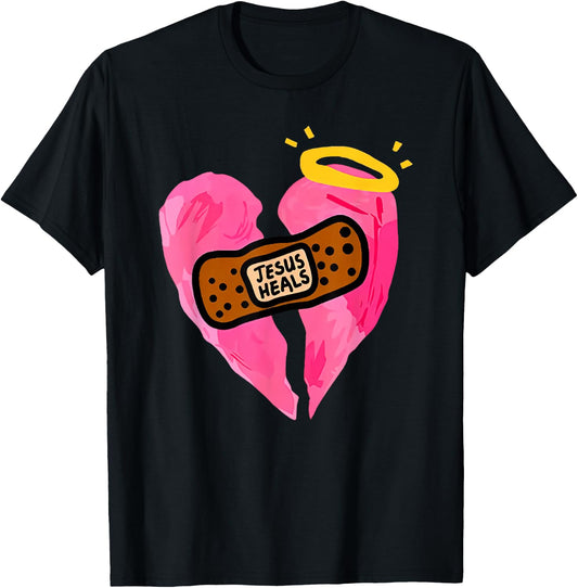 Jesus Heals Broken Heart Print Bandages Bandaids T-Shirt - T-Shirt | Black