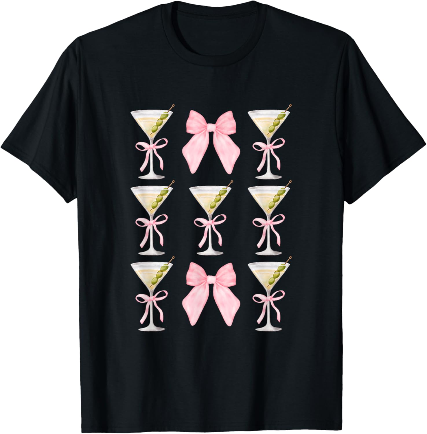 Coquette Pink Bow Martini Time Drinking Vintage Cocktails T-Shirt - T-Shirt | Black