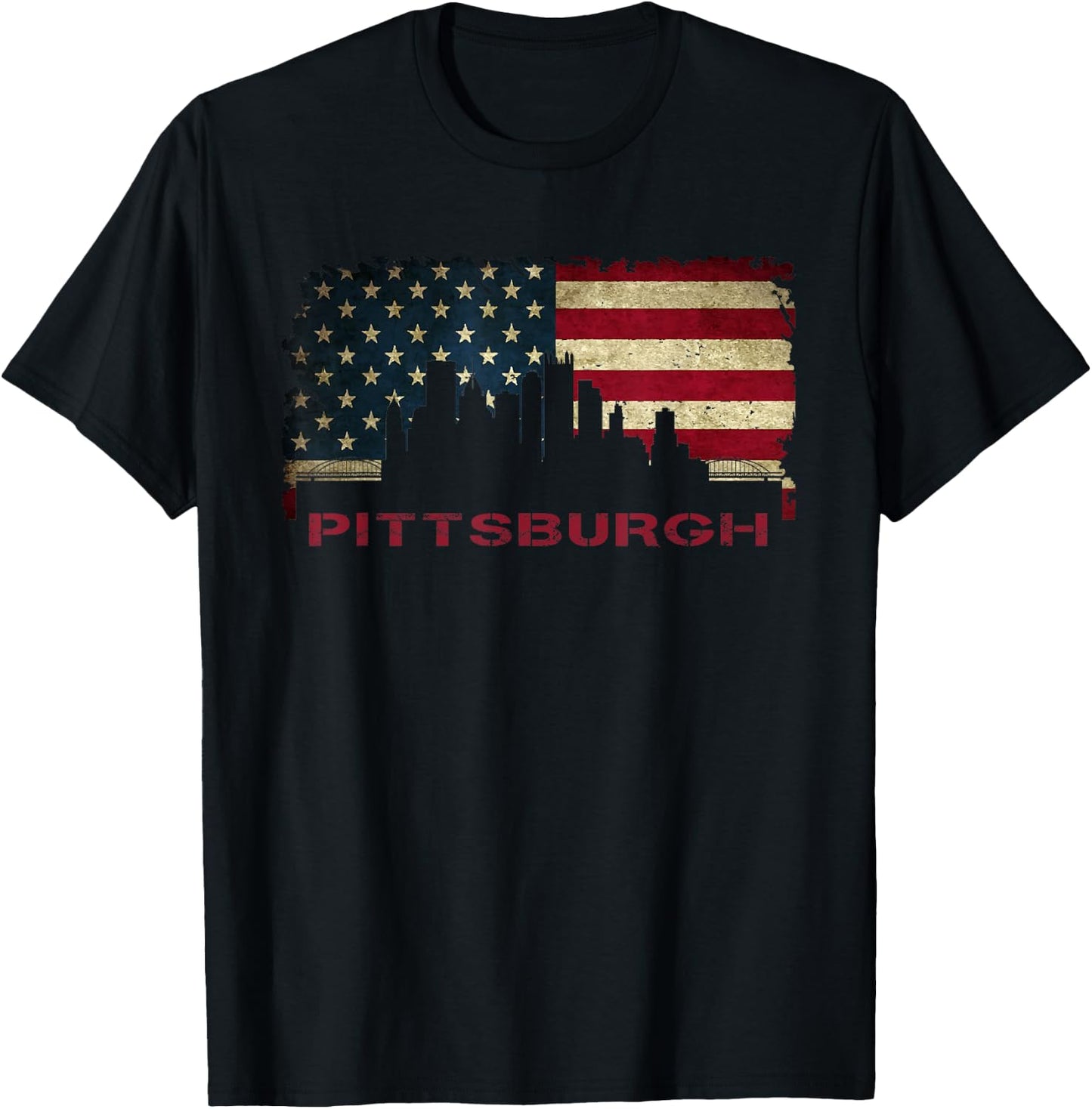 Pittsburgh City Skyline Art USA Flag Steel City American T-Shirt - T-Shirt | Black