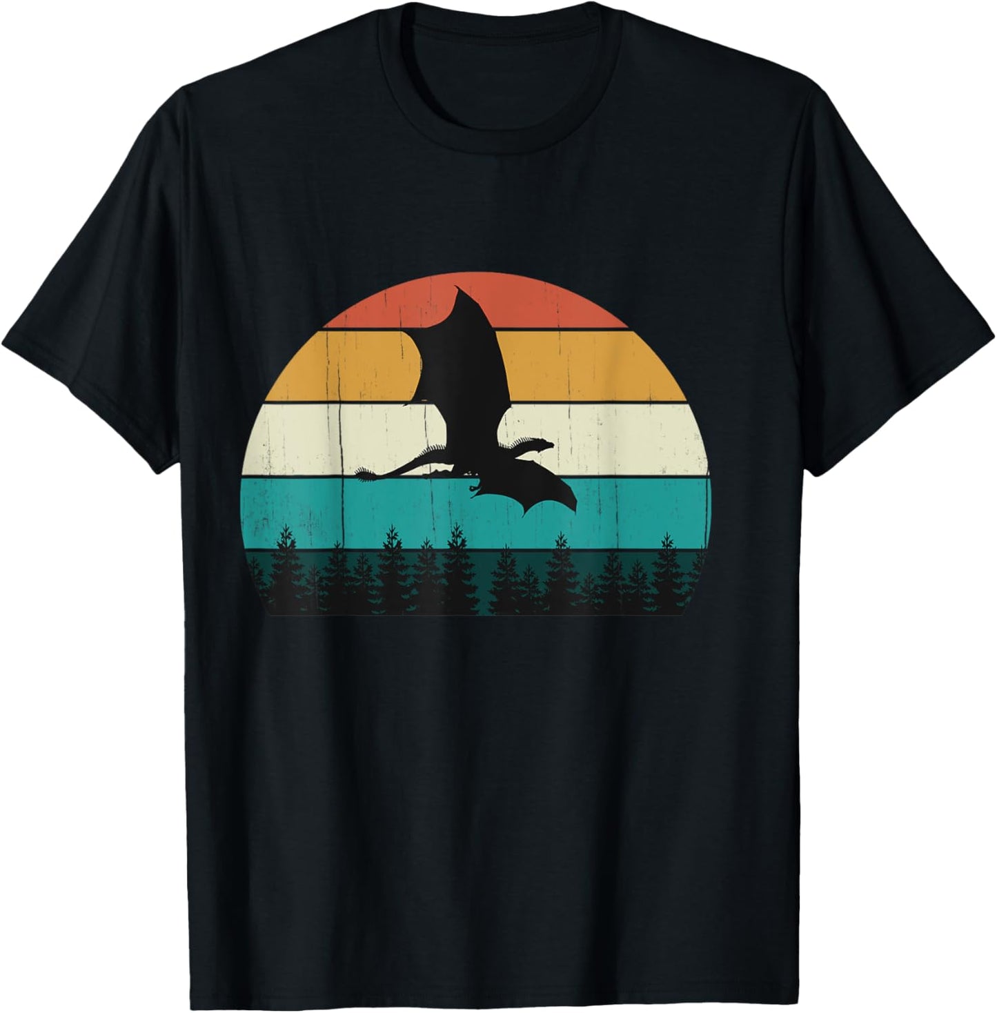 Retro Flying Dragon - Vintage Sunset Fantasy / Sci-Fi Gift T-Shirt - T-Shirt | Black