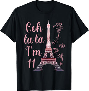Paris 11th Birthday Eiffel Tower 11 Years Old Cute Girl T-Shirt - T-Shirt | Black