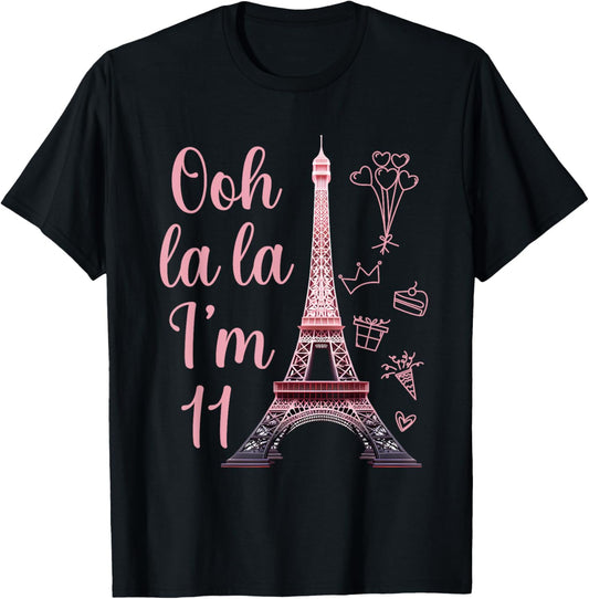 Paris 11th Birthday Eiffel Tower 11 Years Old Cute Girl T-Shirt - T-Shirt | Black