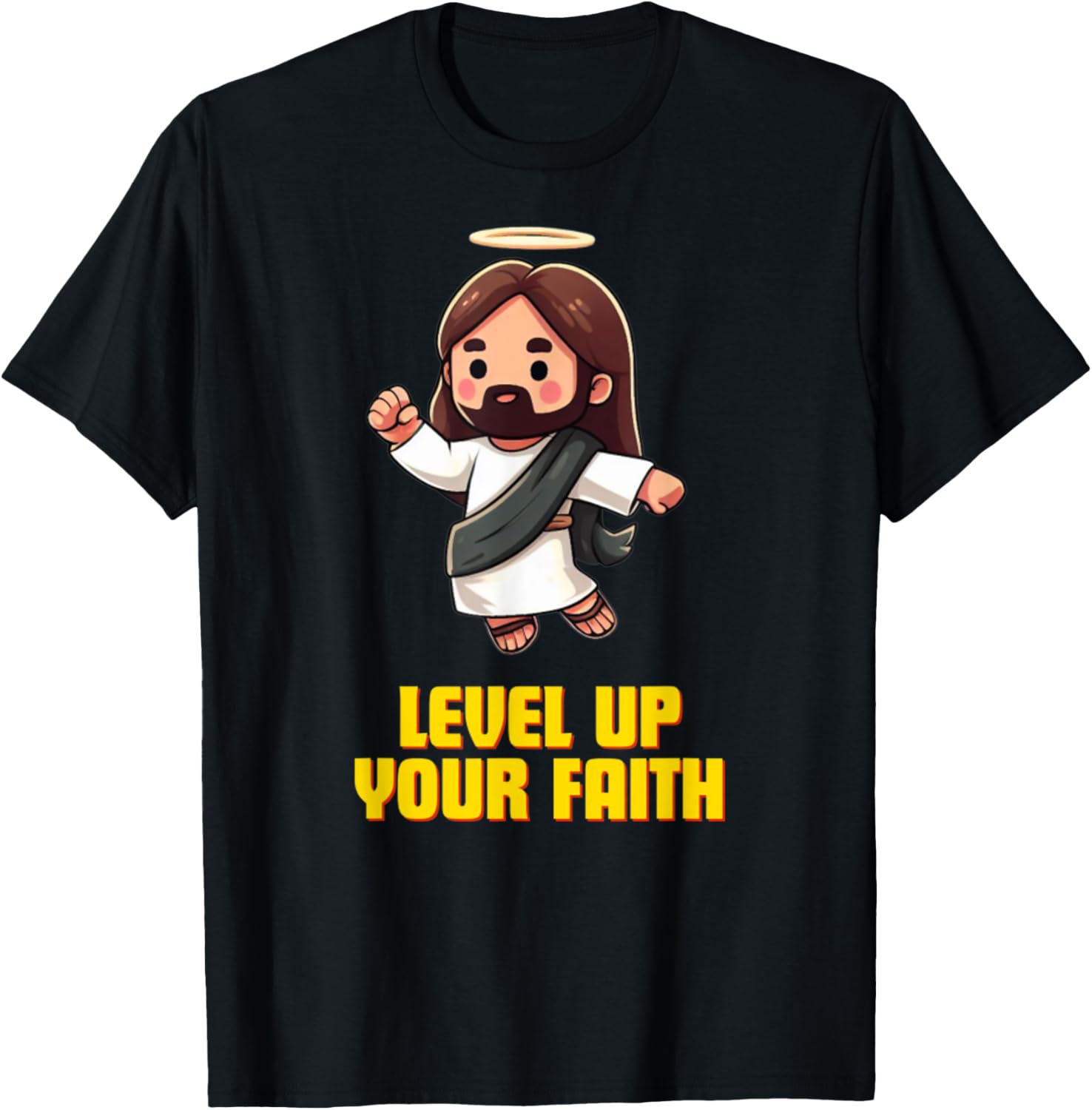 Vintage Level Up Your Faith Cute Jesus Jump T-Shirt - T-Shirt | Black