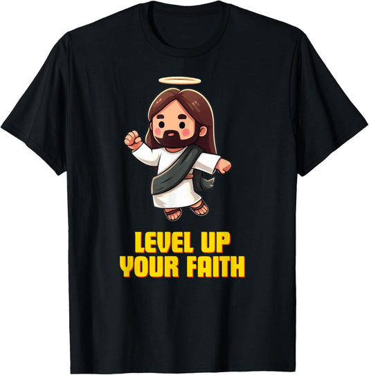 Vintage Level Up Your Faith Cute Jesus Jump T-Shirt - T-Shirt | Black