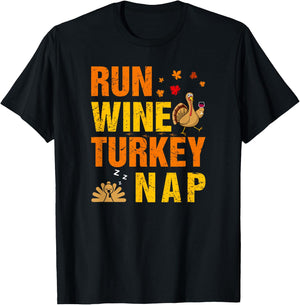 Run Wine Turkey Nap Thanksgiving Funny Turkey Wine Running T-Shirt - T-Shirt | Black