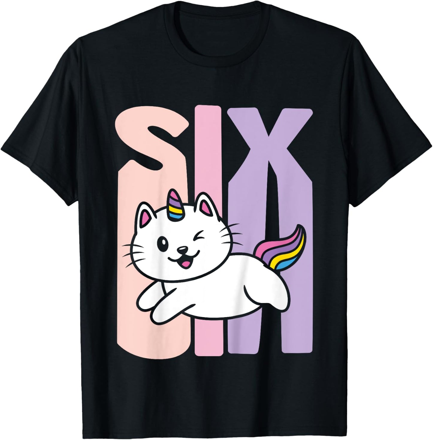 Kids 6 Year Old Cute Caticorn Cat Unicorn Birthday Girl B-day T-Shirt - T-Shirt | Black