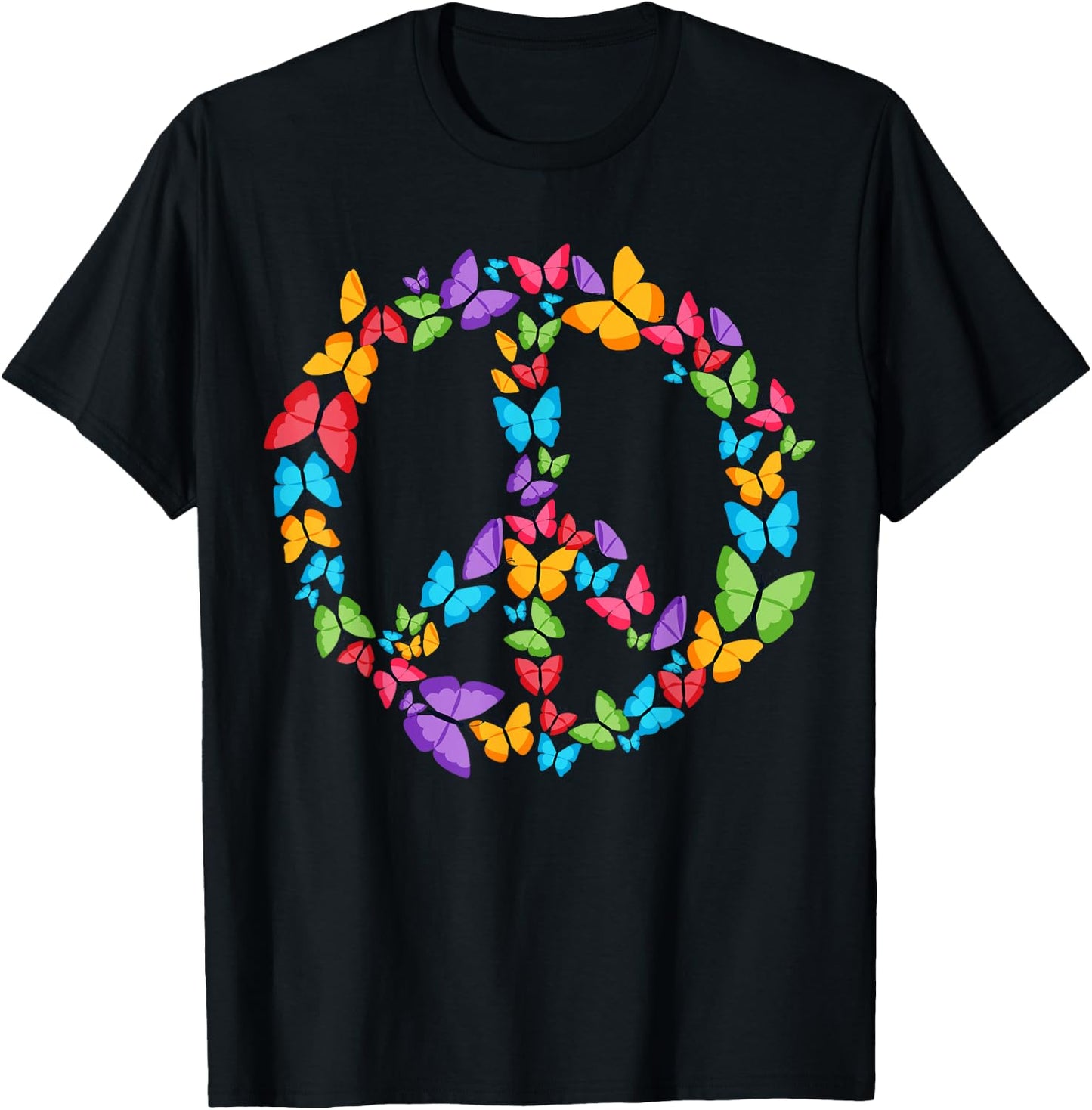 Retro Peace Love | Love 60's 70's Hippie Butterflies T-Shirt - T-Shirt | Black