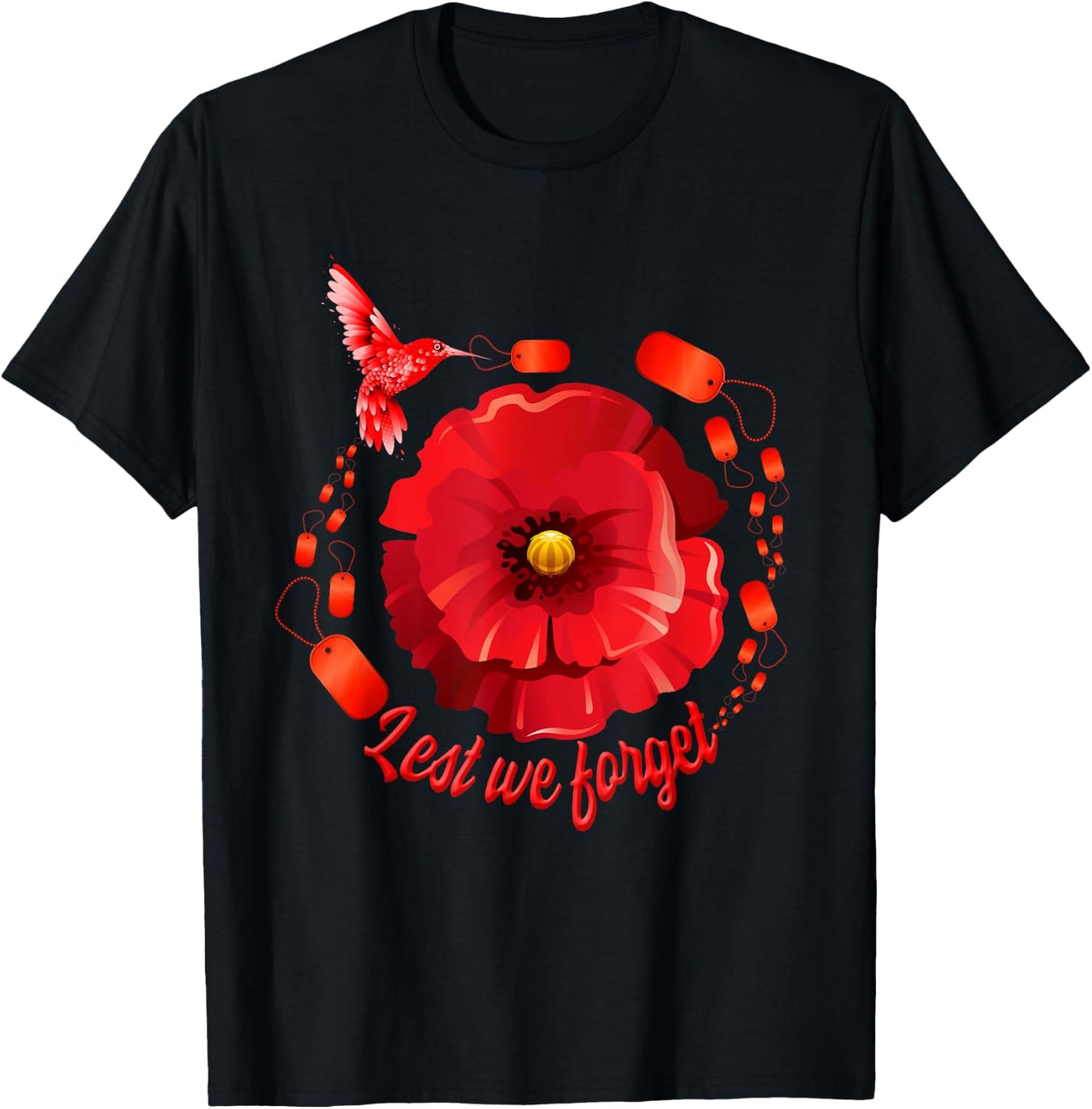 Veterans Day Lest We Forget Red Poppy Flower USA Memorial T-Shirt - T-Shirt | Black