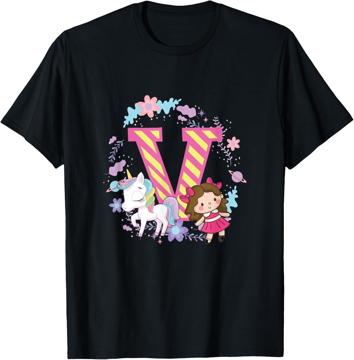 Letter V Sign Alphabet Last Name Consonants Unicorn Gift T-Shirt - T-Shirt | Black