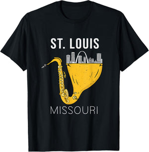 St Louis Skyline Souvenir Saxophone Jazz Music St Louis T-Shirt - T-Shirt | Black