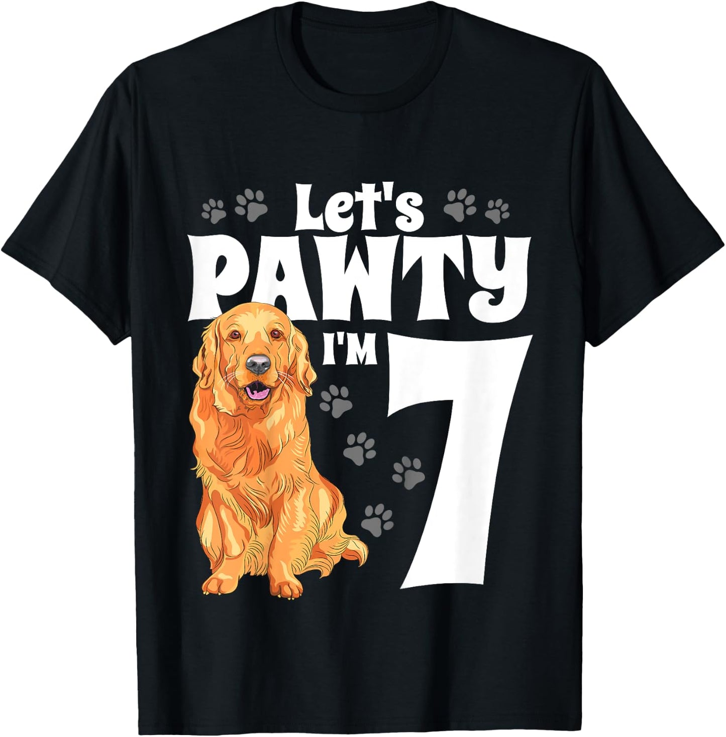 7 Year Old Golden Retriever Dog Birthday Pawty Dogs 7th Gift T-Shirt - T-Shirt | Black