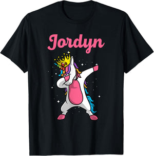 JORDYN Gift Name Personalized Birthday Dabbing Unicorn Queen T-Shirt - T-Shirt | Black