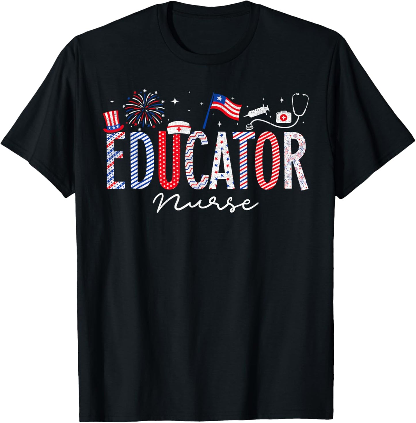4th Of July Educator Nurse Scrub Tops Patriotic Nurses Men T-Shirt - T-Shirt | Black