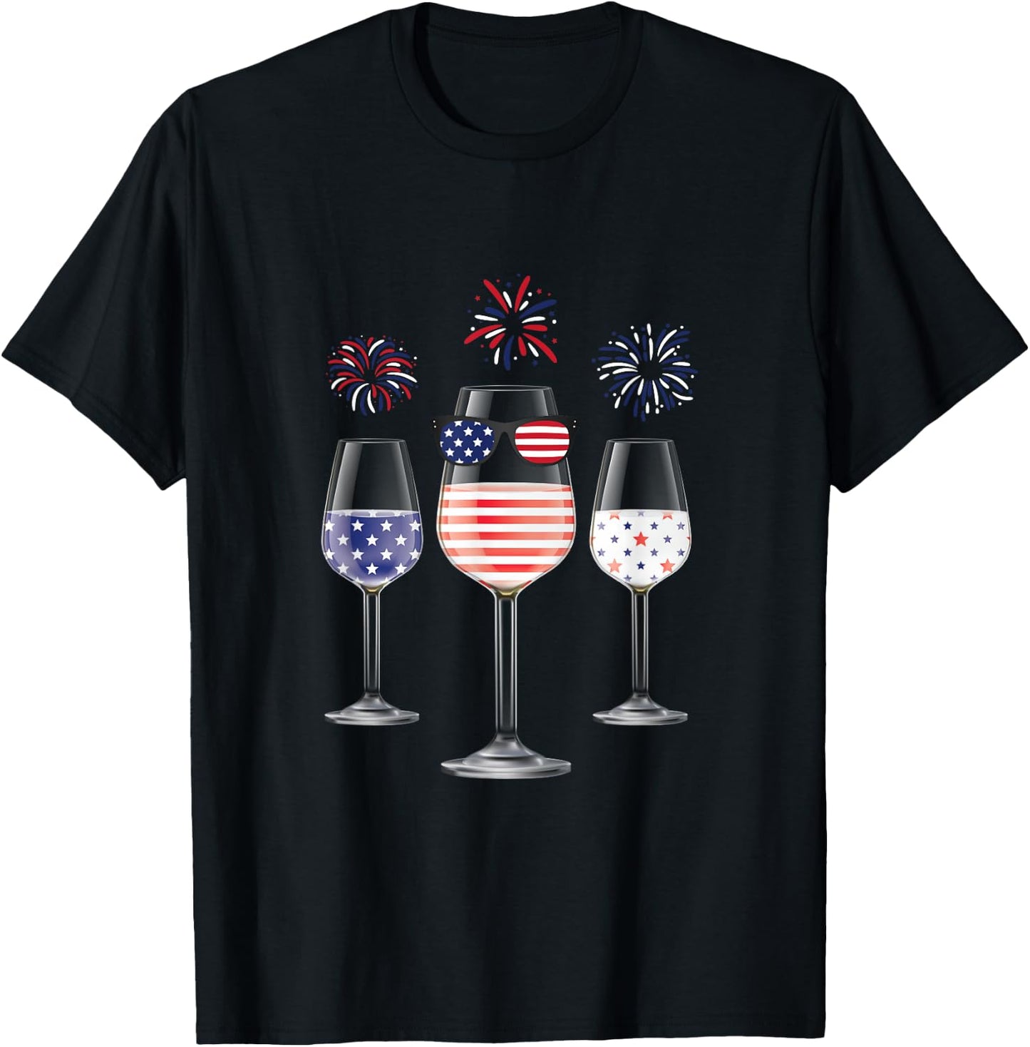 Red White Blue Wine Glasses American Flag Happy 4th of July Men T-Shirt - T-Shirt | Black