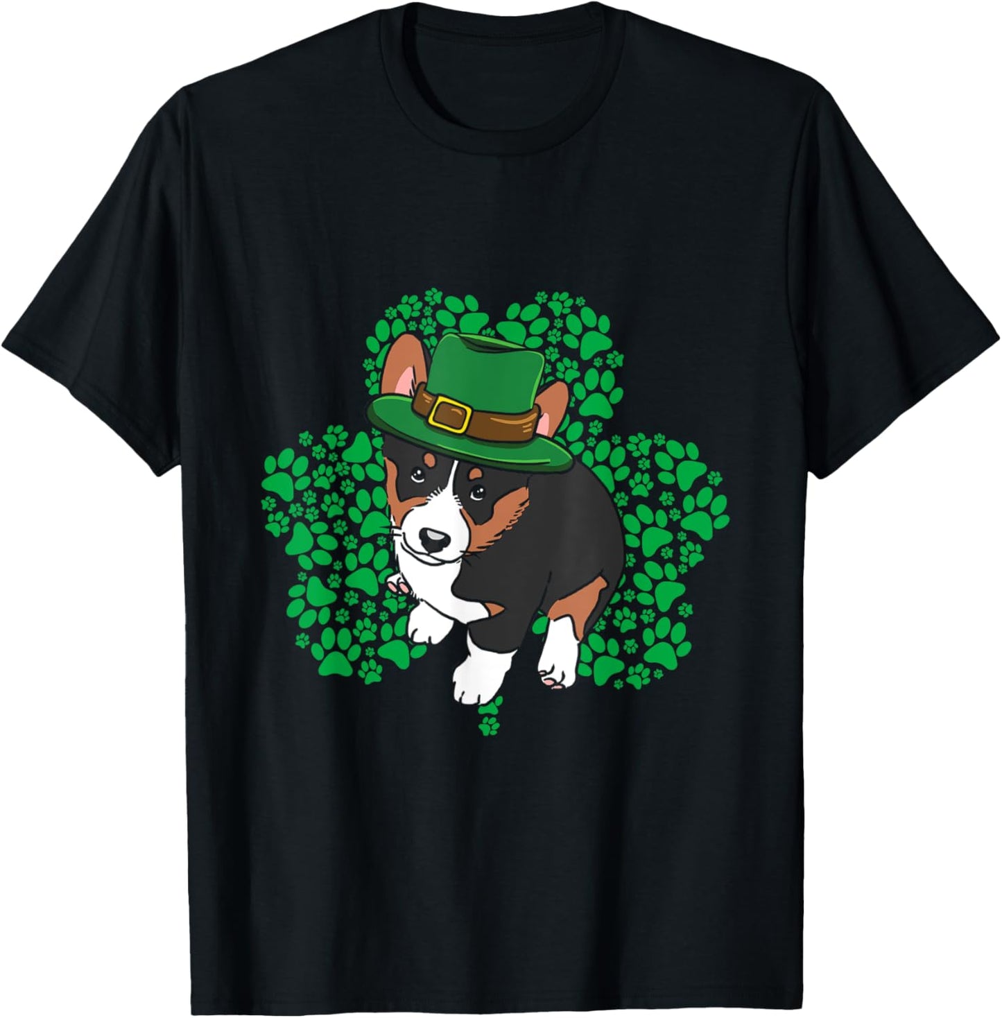 Lucky Tricolor Corgi Dog Leprechaun Hat St Patricks Day T-Shirt - T-Shirt | Black