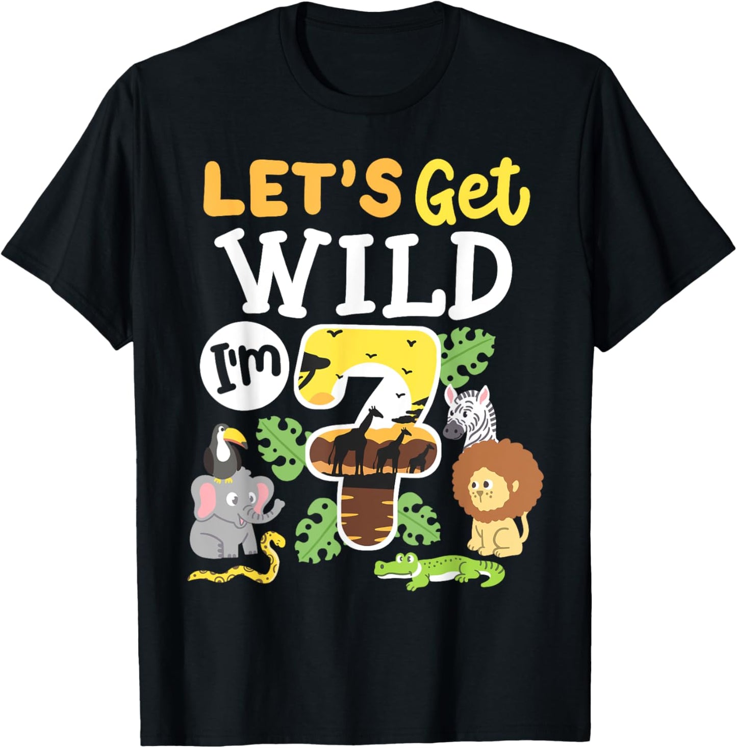 Jungle Safari Let's Get Wild 7th Birthday Zoo 7 Year Old Kid T-Shirt - T-Shirt | Black