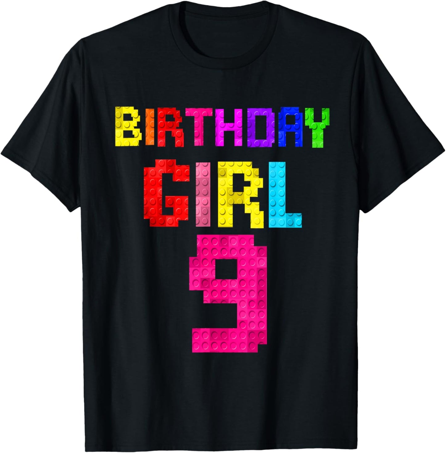 Kids 9th Birthday Girl 9 Years Old Building Blocks Builder T-Shirt - T-Shirt | Black