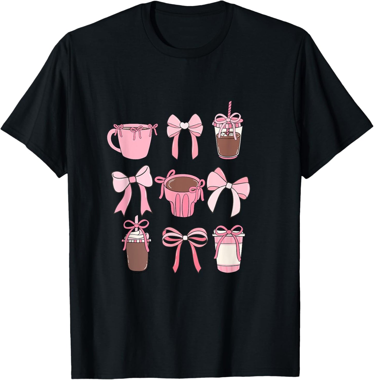 Cute Hot Iced Coffee and PInk Bows Girly Aesthetic T-Shirt - T-Shirt | Black