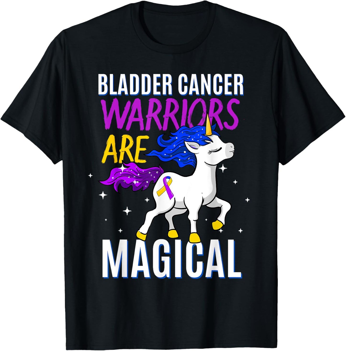 Bladder Cancer Magical Unicorn Purple Blue Yellow Ribbon T-Shirt - T-Shirt | Black