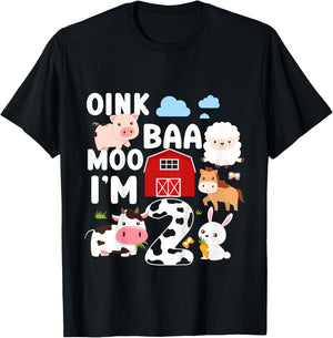 Oink Baa Moo I'm 2 Farm Animals 2nd Birthday For Kids T-Shirt - T-Shirt | Black