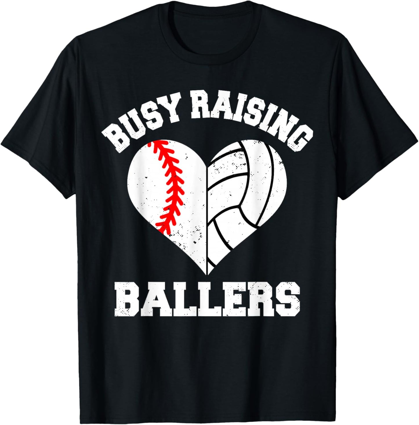 Busy Raising Ballers Baseball Volleyball Heart Mom Game Day T-Shirt - T-Shirt | Black